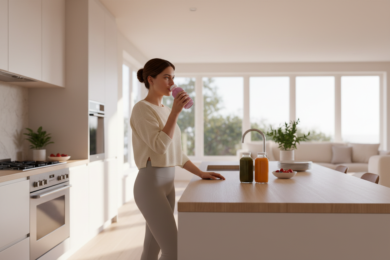 Woman in kitchen drinking smoothie banner